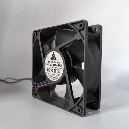 External reference: Delta AFB1248HE-R00, DC48V 0.18A; three red/black/blue leads extend outside the left edge. Image does not prove the actual shipping unit, condition or supplied full option. Verify measured fit, connector and pinout before ordering; lead count does not establish control functions.