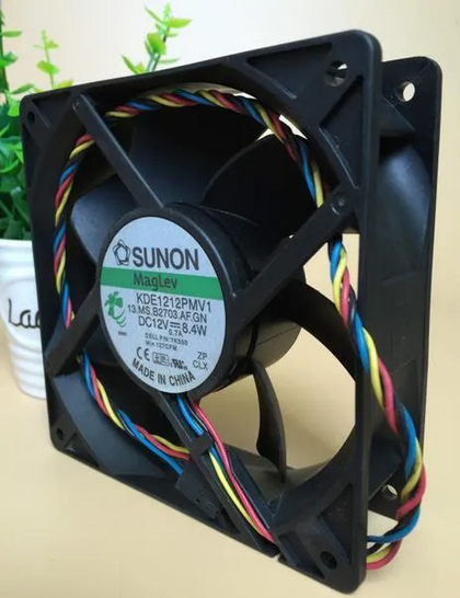 External reference: SUNON KDE1212PMV1 13.MS.B2703.AF.GN, DC12V 8.4W; four black/red/yellow/blue leads, ends outside this view. Image does not prove the actual shipping unit, condition or supplied connector. Verify full option, dimensions, connector and pinout before ordering; lead count does not establish control functions.