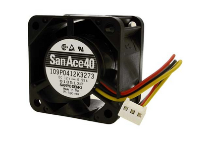 Independent different-unit reference: Sanyo Denki109P0412K3273, DC12V0.55A. Supplied full version, harness, connector pinout and physical condition require verification; not shipping-stock proof.