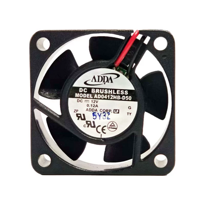 External seller reference: ADDA AD0412HB-D50, DC12V 0.12A; two red/black leads. Image does not prove the shipping unit, condition or supplied connector. Verify full part number, dimensions, connector and pinout before ordering. Lead count does not establish control functions.