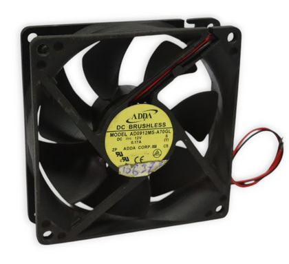 External reference: ADDA AD0912MS-A70GL, DC12V 0.17A; two red/black leads and a wire loop. Handwritten auxiliary markings retained, meaning unverified. Different unit; actual shipping condition, full option, supplied termination, measured fit and pinout require verification.