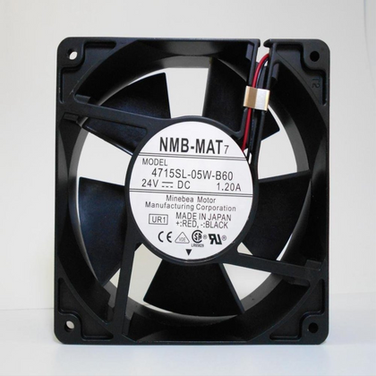 External reference: NMB 4715SL-05W-B60 UR1, DC24V 1.20A, Japan label; two red/black leads, ends outside this view. Image does not prove the actual shipping unit, condition or supplied connector. Verify full option, dimensions, connector and pinout before ordering; lead count does not establish control functions.