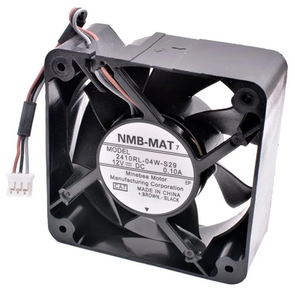 External reference: NMB 2410RL-04W-S29 CA7/EP, DC12V 0.10A; three brown/grey/black leads and a pale three-position housing. Different label version from the historical CA3/NFAN marking; equivalence unverified. Image does not prove the actual shipping unit, condition or supplied connector. Verify full option, dimensions, connector and pinout before ordering; lead count does not establish control functions.
