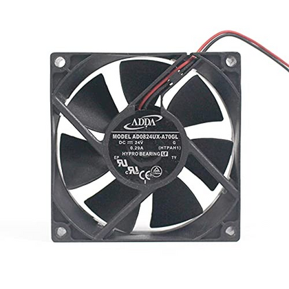 External seller reference: ADDA AD0824UX-A70GL, (HTPAH1), DC24V 0.29A; two red/black leads. Image does not prove the shipping unit, condition or supplied connector. Verify full part number, dimensions, connector and pinout before ordering. Lead count does not establish control functions.
