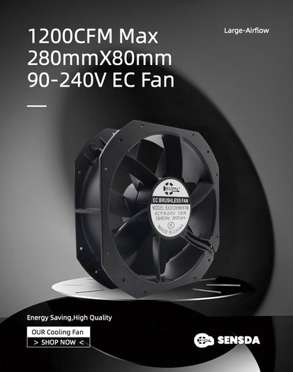 EC Powerful Large Airflow Fan SXDE28080BTM, 280x280x80mm AC 115V 230V 1200CFM for Charging Stations Distribution Boxes Servers