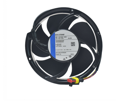 External reference: ebm-papst 6318/2TDHHP, labelled 48V DC, 2.65A, 127W, 36–72V DC, Var.036. Four coloured wires and a connector assembly are visible. The historical photograph only shows a black sheath continuing beyond the photograph boundary, so supplied wiring and termination remain unverified. Actual operating and rated specifications of supplied stock are not verified. Different unit; actual supplied condition, full option, measured fit, accessories, connector and pinout require verification.