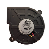 External whole-fan reference: Delta BUB0512L/-DA3L, labelled DC12V 0.12A. Red/yellow/black lead sections are visible; their ends are obscured by a black strip inside the source photograph. Historical photographs show a brown housing, but the supplied termination and its functions are unverified. Different unit; supplied condition, measured fit, wiring and pinout require verification.