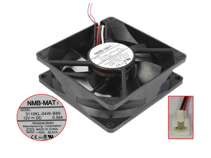 Supplier reference composite: NMB-MAT 3110KL-04W-B69, boxed L00, DC12V 0.34A; label and pale three-position connector insets do not establish one physical unit. Historical manufacturer-label wording and black connector presentation differ. Different unit; supplied revision, connector keying, pinout, functions and condition unverified.