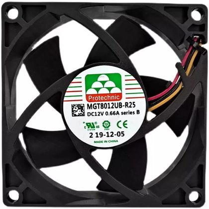External seller reference: Protechnic MGT8012UB-R25, series B, DC12V 0.66A; three red/black/yellow leads, ends outside the frame. Image does not prove the shipping unit, condition or supplied connector. Verify full part number, dimensions, connector and pinout before ordering. Lead count does not establish control functions.