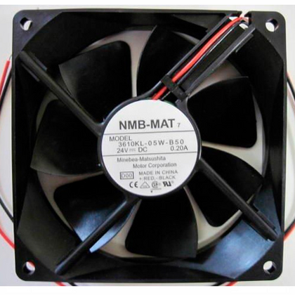 External seller reference: NMB 3610KL-05W-B50 D00, DC24V 0.20A; two red/black leads, ends outside the frame. Image does not prove the shipping unit, condition or supplied connector. Verify full part number, dimensions, connector and pinout before ordering. Lead count does not establish control functions.