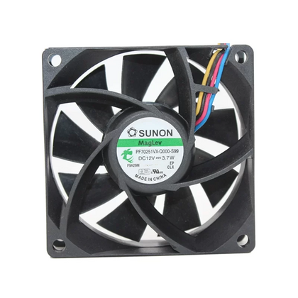 External seller reference: SUNON PF70251VX-Q000-S99, DC12V 3.7W; four red/black/yellow/blue leads. Image does not prove the shipping unit, condition or supplied connector. Verify full part number, dimensions, connector and pinout before ordering. Lead count does not establish control functions.