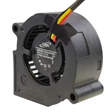 External reference: ADDA AB05012DX200600 (0X), DC12V 0.15A; side view of blower housing and sleeved leads leaving the upper frame. Image does not prove the actual shipping unit, condition or supplied full option. Verify measured fit, connector and pinout before ordering; lead count does not establish control functions.