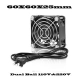 60x60x25mm fan option with metal grille and power cord; exact voltage requires label confirmation