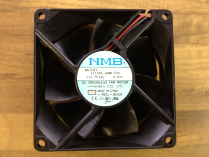 External seller reference: NMB 3110KL-04W-B50 P00, photographed input DC12V 0.30A; two red/black leads, source ends outside the frame. Image does not prove the shipping unit, condition or supplied connector. Verify full part number, dimensions, connector and pinout before ordering. Lead count does not establish control functions.