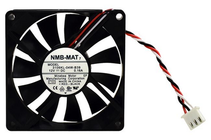 External reference: NMB 3106KL-04W-B39 C50, DC12V 0.16A; three red/black/white leads and a pale three-position housing. Image does not prove the actual shipping unit, condition or supplied connector. Verify full option, dimensions, connector and pinout before ordering; lead count does not establish control functions.