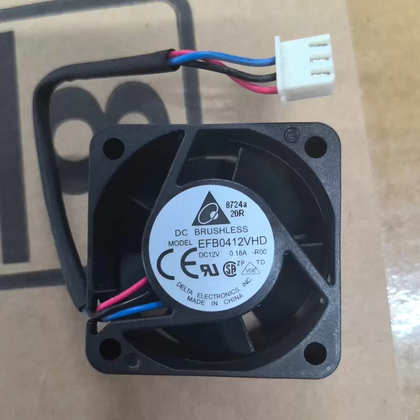 External seller reference: Delta EFB0412VHD-R00, DC12V 0.18A; three red/black/blue leads, source pale three-position housing. Image does not prove the shipping unit, condition or supplied connector. Verify full part number, dimensions, connector and pinout before ordering. Lead count does not establish control functions.