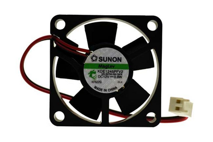 External reference: SUNON KDE1245PFV2 MS.B2793.GN.C978, DC12V 0.8W; two red/black leads and a pale two-position housing. Image does not prove the actual shipping unit, condition or supplied connector. Verify full option, dimensions, connector and pinout before ordering; lead count does not establish control functions.