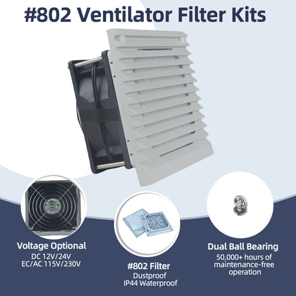 802 Series IP44 Industrial Ventilation Fan with Louvre & Filter Kit | 92x92x38mm Dual Ball Bearing Cooling Fan for Cabinets/Server Racks | Multi-Voltage 12V/24V/115V/230V