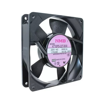 External reference: NMB 4710PS-22T-B30 B00, AC220V 50/60Hz 14/11W; frame and label visible, terminals and leads not shown. Image does not prove the actual shipping unit, condition or supplied connector. Verify full option, dimensions, connector and pinout before ordering; lead count does not establish control functions.