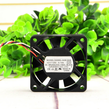 External seller reference: NMB2406KL-04W-B36, LS1,12VDC0.14A. Three red/black/white leads; source lead ends outside frame. Capture identity and prior processing unverified; supplied connector, pinout, condition, dimensions and stock require verification.