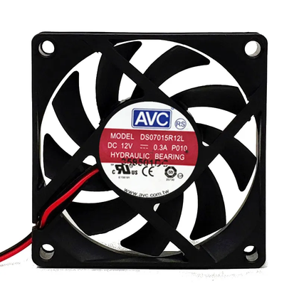 Independent third-party reference: AVC DS07015R12L P010, photographed DC12V0.3A and HYDRAULIC BEARING. Different unit; only red and black lead segments visible, termination not shown. Original four-lead/pale-plug photograph retained as image2. Prior processing and supplied configuration require verification.