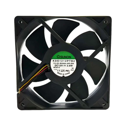 Independent external reference: SUNON KDE1212PTB2, 13.(2).B2664.AR.GN, DC12V2.6W and 8CG01G. The original full photograph retains the actual mounting frame, sleeved harness, glue area and small white connector. The new reference shows lead segments leaving its frame and does not establish actual termination, connector or pin assignment. Original complete photograph retained as image2. Prior processing unknown; not shipping stock proof. Actual supplied version and pinout require verification.