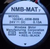 NMB-MAT 1608KL-05W-B69 L00 original listing nameplate detail, 24V DC 0.13A; close-up cropped from the original listing photograph. Original full fan view remains in image 1. Supplied unit and connector require confirmation.