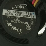 Original listing nameplate detail: ADDA AB5012HB-C03, DC12V 0.21A, with the full original ADDA logo and label. Unmodified pixel crop of original image 2, no redraw; original image 1 retains the actual unlabelled front view. Supplied unit, connector and pinout require confirmation.