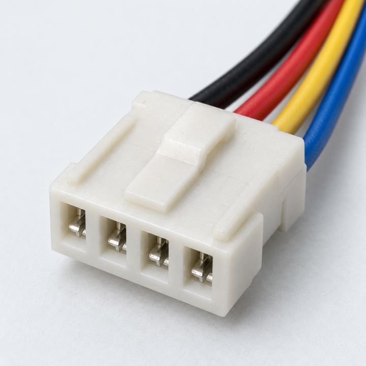 Photo-style illustration of a four-position cooling fan connector; example of the connection details to photograph.