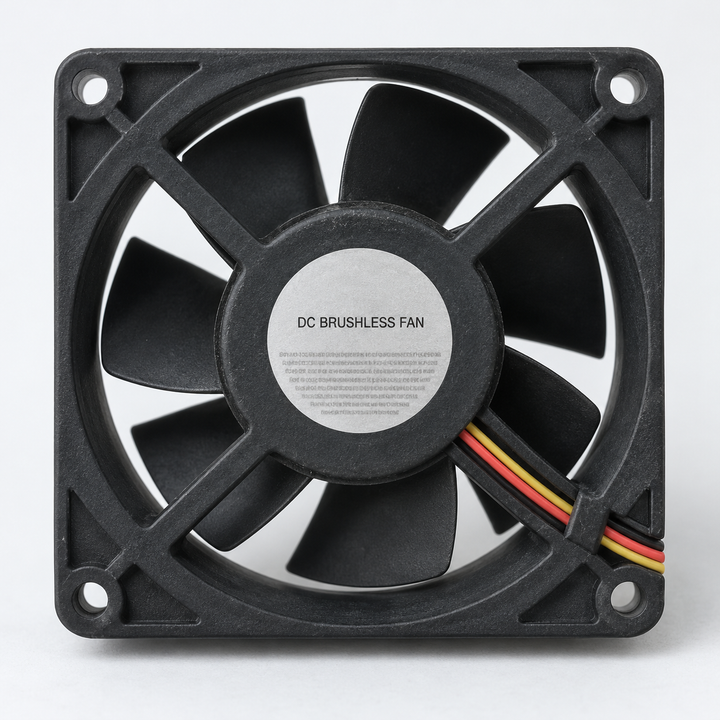 Photo-style illustration of a generic cooling fan label; example of the label details to photograph.