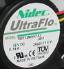 Original listing nameplate detail showing Nidec UltraFlo T92T12MHA7-53 J811, 12V DC 0.14A and 2X02V F1 E.P., cropped without resampling. Confirm the supplied version and connection.