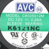 AVC C8025S12M 12V 0.25A original listing nameplate detail K6121NC, cropped without resampling from the original label-side photograph. Current shipping stock, connector and pinout require confirmation.