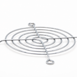 Concentric-ring metal fan guard — retouched existing listing photograph, angled view with four mounting loops; dimensions unconfirmed
