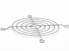 Concentric-ring metal fan guard — retouched existing listing photograph, angled view with four mounting loops; dimensions unconfirmed