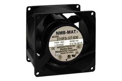 Different-unit NMB-MAT 3115FS-12T-B30 / A00 115V AC 50/60Hz 8.5/7W reference, Made in China versus historical Made in Thailand; branding and label layout differ. Supplied country, version and terminals unverified.