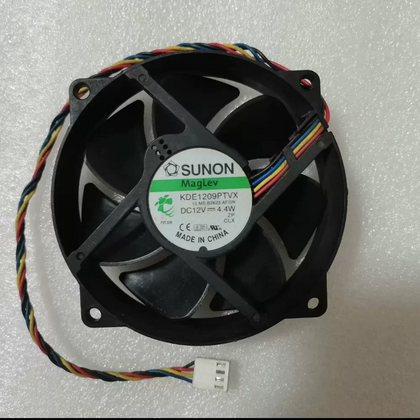 Reference photograph of SUNON KDE1209PTVX, 13.MS.B2623.AF.GN, DC12V 4.4W, Made in China, round housing with mounting ears, four coloured leads and pale housing. Different unit; supplied version, condition, measured fit and pinout are unverified.