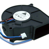 Different-unit external reference: Delta BFB0712L -5J46, DC12V 0.10A; red/black/blue lead sections, sleeve and a pale connector housing are visible. This photograph does not establish the supplied version, condition, harness, connector keying, pinout or functions.