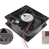 Whole supplier composite reference for Delta AFB1224SHE-8L2B, DC24V 0.75A, with label and connector insets. Source label reads Made in China; supplied origin, version, condition, connector and pinout are unverified.