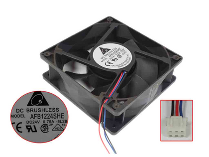 Whole supplier composite reference for Delta AFB1224SHE-8L2B, DC24V 0.75A, with label and connector insets. Source label reads Made in China; supplied origin, version, condition, connector and pinout are unverified.