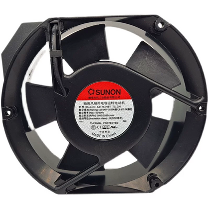 Different-unit SUNON A2175-HBT / TC.GN reference, red-and-white 220-240V AC 50/60Hz 25/26W label versus historical green-and-white 0.11/0.11A label; supplied size, full suffix, terminals and performance unverified.