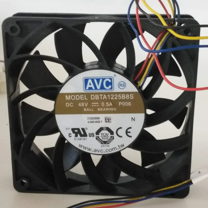 Whole supplier reference for AVC DBTA1225B8S with separate P006 marking and DC48V 0.5A label. Additional N and data-matrix markings have unverified configuration relevance. Supplied version, condition, harness, connector and pinout are unverified.
