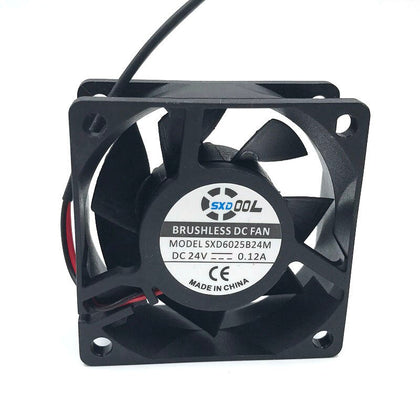 SXDOOL SXD6025B24M 24V 60x60x25mm fan, original white-background photo showing physical model label and wiring