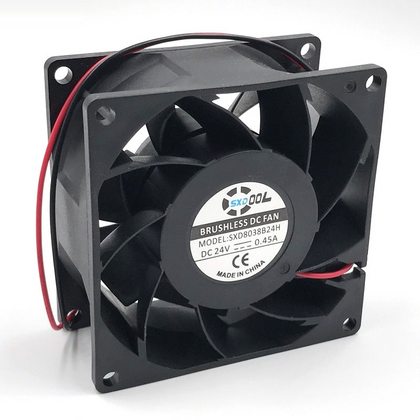 SXDOOL SXD8038B24H axial cooling fan with original physical label and wiring, isolated seller overlay removed from white corner