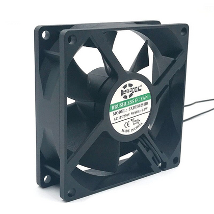 SXDOOL SXDE8025HB EC axial fan with original physical label and wiring, isolated seller overlay removed from white corner