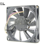 Slim Axial Fan with Leads Crossing the Front Face — shallow frame with coloured leads crossing the blade-side face