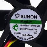 SUNON HA60251V4-0000-C99 12V 0.7W, external nameplate-reference close-up from CWC Group. Separate reference unit; connector is not shown or verified. Original listing front photo is retained.