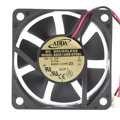 Independent supplier model reference: ADDA AD0612MB-D70GL (T),12VDC 0.11A. Different unit; prior processing unknown; not stock proof. Verify supplied full option, connector and pinout.